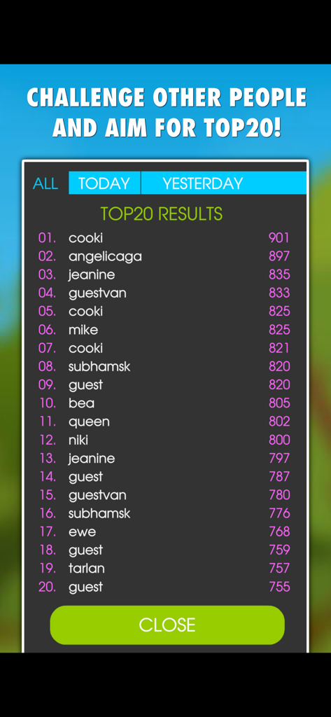 Top 20 global leaderboard showing player names and scores in My English Grammar Test PRO app