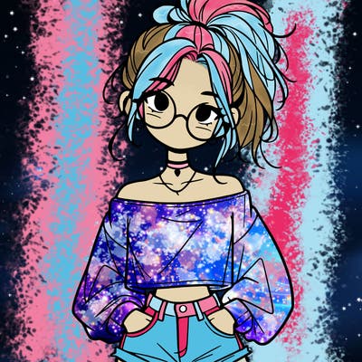 girl with a messy ponytail glasses a baggy crop top and jean shorts