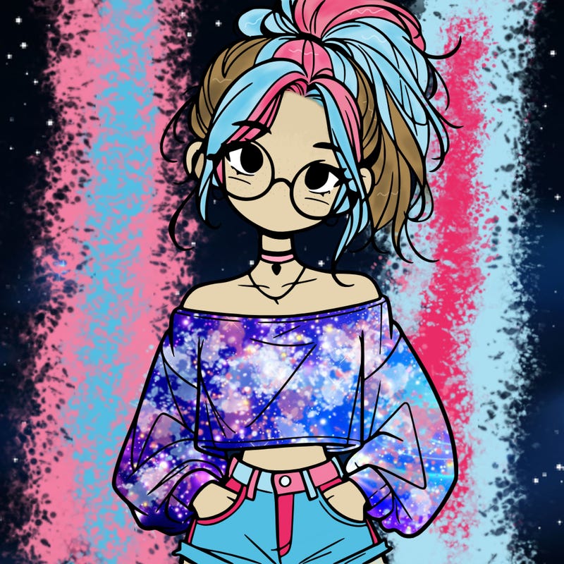 girl with a messy ponytail glasses a baggy crop top and jean shorts