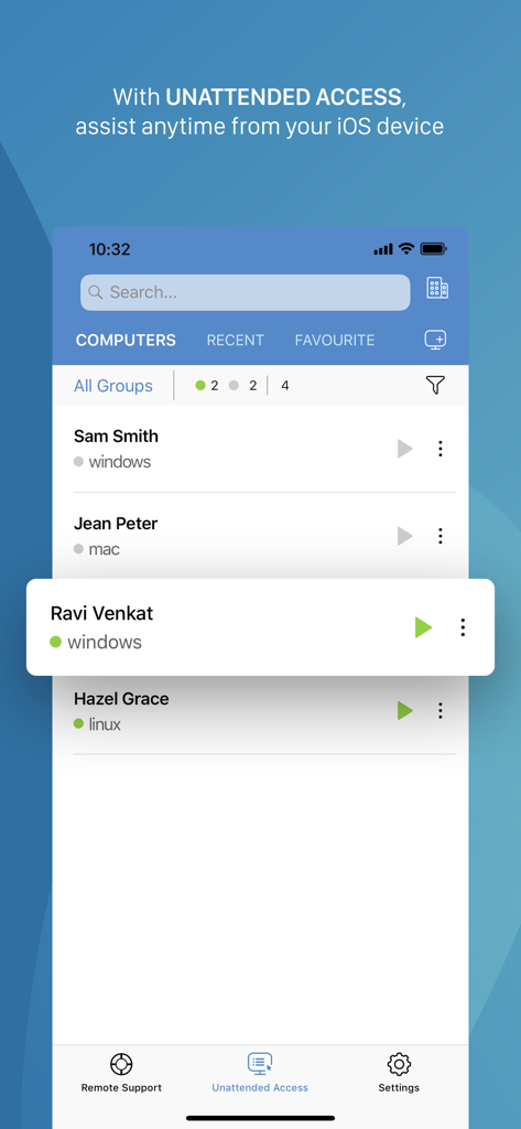 Zoho Assist - Remote Desktop - Zoho Assist mobile interface showing a list of remote computers for unattended access