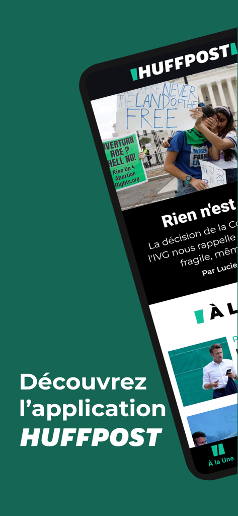 Le HuffPost - Interface de l'application mobile Le HuffPost montrant des articles d'actualité français sur un smartphone