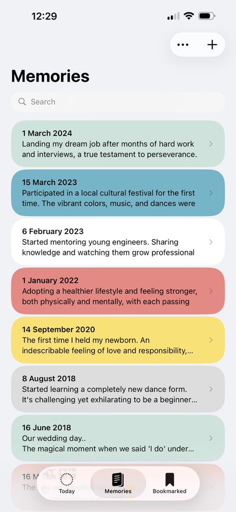 Today - Memory Notebook - A chronological list of personal memories and milestones shown in colorful cards within the Today app interface