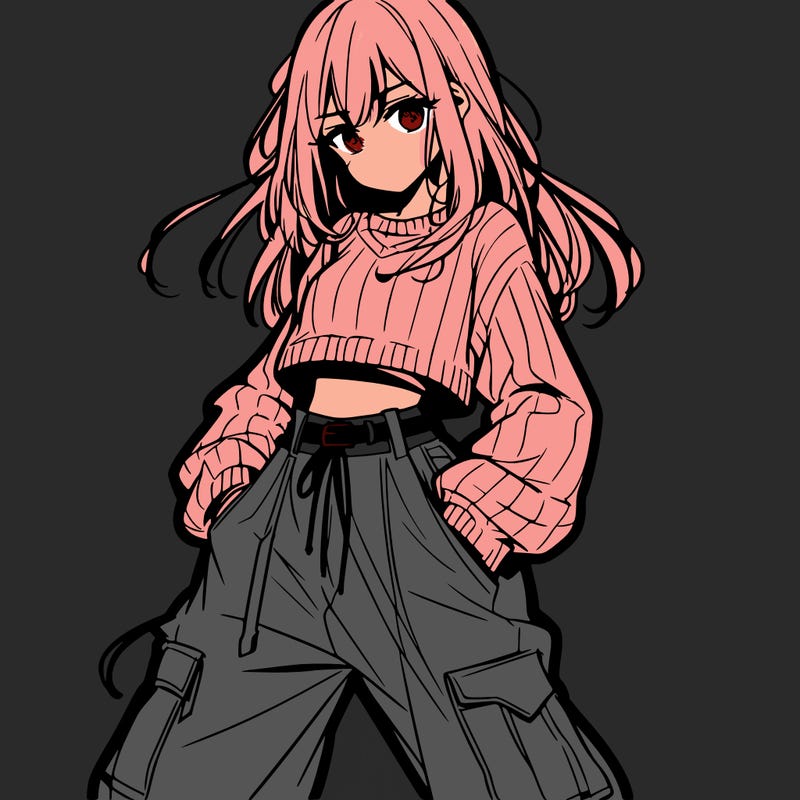 anime teen girl with baggy pants and crop top with sweater