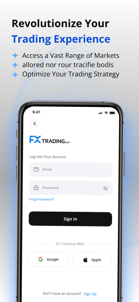 FXTRADING.com mobile app login screen with email and social sign in options
