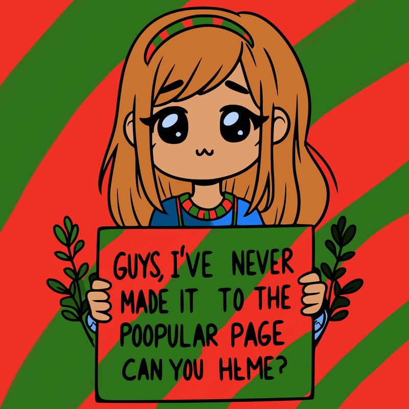 a girl holding up a sign that says, guys, i’ve never made it to the popular page, can you help me?