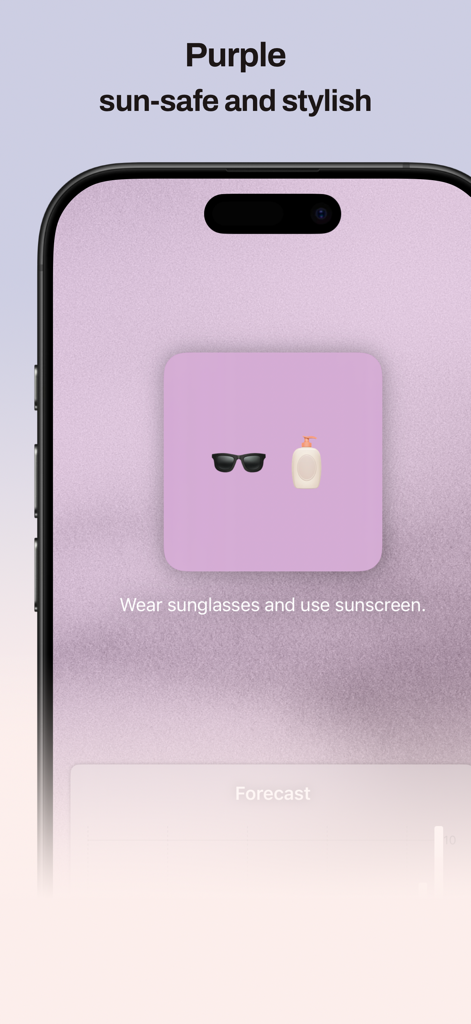 Purple: UV - Purple UV app interface displaying sun safety recommendations with sunglasses and sunscreen icons on a minimalist purple background.