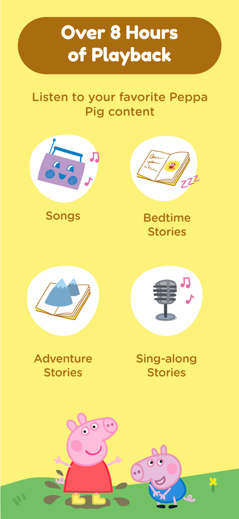 Pantalla de funciones de la aplicación Peppa Pig que muestra canciones, cuentos para dormir y cuentos de aventuras con más de ocho horas de reproducción