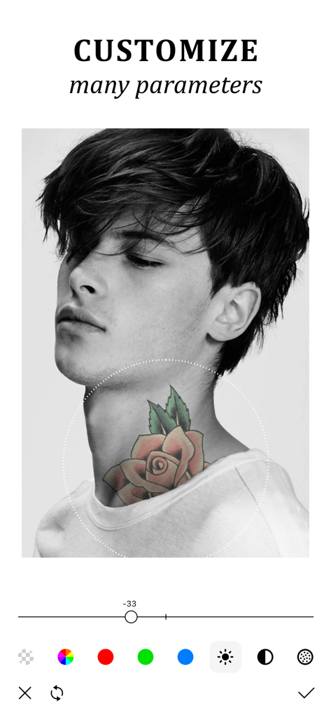 Man previewing a customized rose tattoo on his neck using editing tools in the Tattoo AI app
