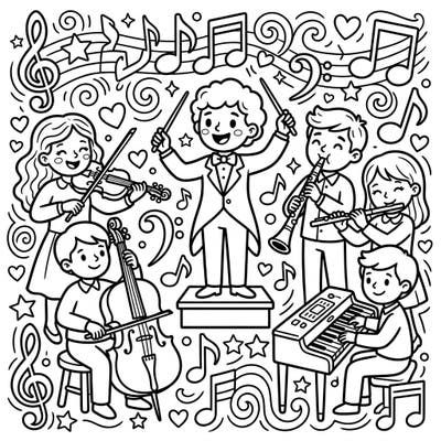 Bring the magic of an orchestra to life with this delightful coloring page for kids! Young musicians play their instruments under the baton of a cheerful conductor, surrounded by a whimsical melody of notes.