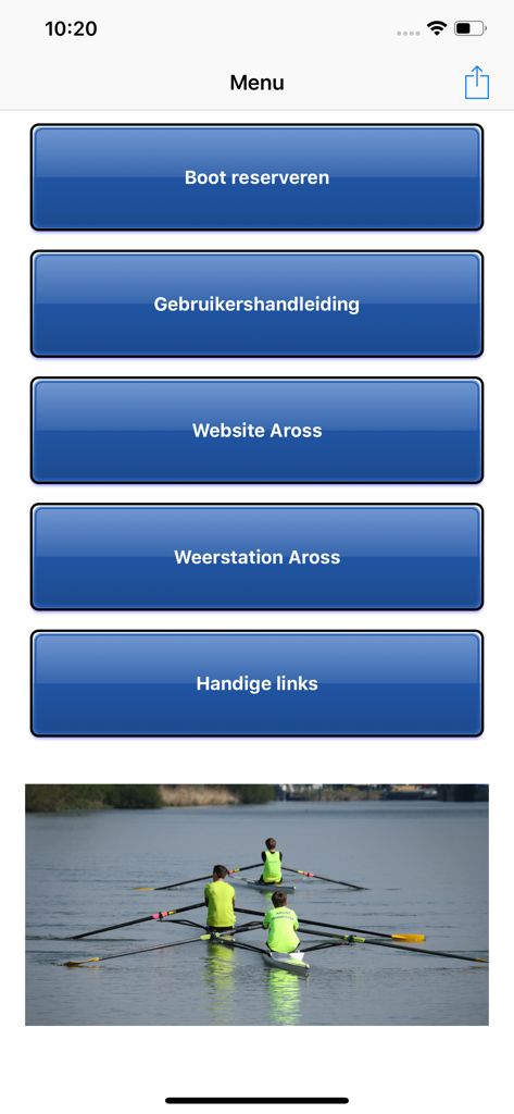 Book your boat - Schermata del menu principale dell'app Prenota la tua barca che mostra le opzioni per la prenotazione della barca e le informazioni sul club di canottaggio