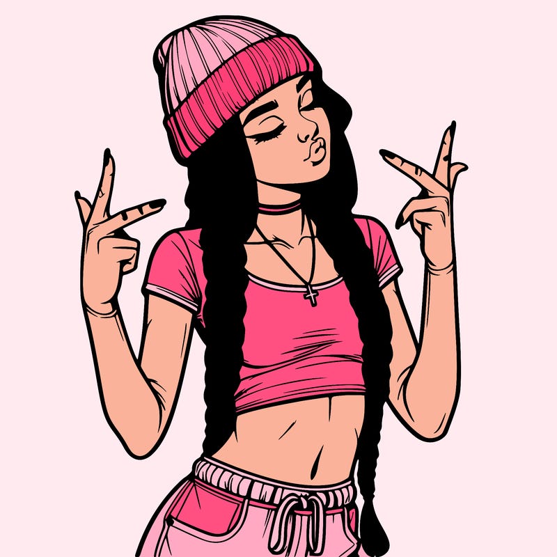 realistic teenage girl with braids and a beanie and crop top doing 🫶🏼