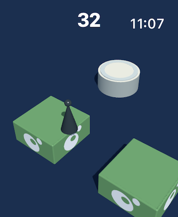 Isometric view of a black character on green platforms in the JumpJump Apple Watch game