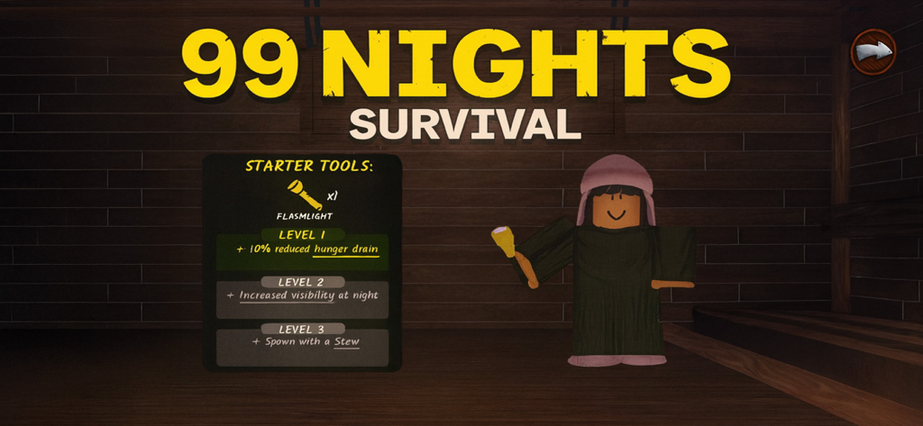 99 Nights : Forest Survival - Menú del juego para 99 Nights Survival con un personaje sosteniendo una linterna y una lista de mejoras de nivel para herramientas de inicio.