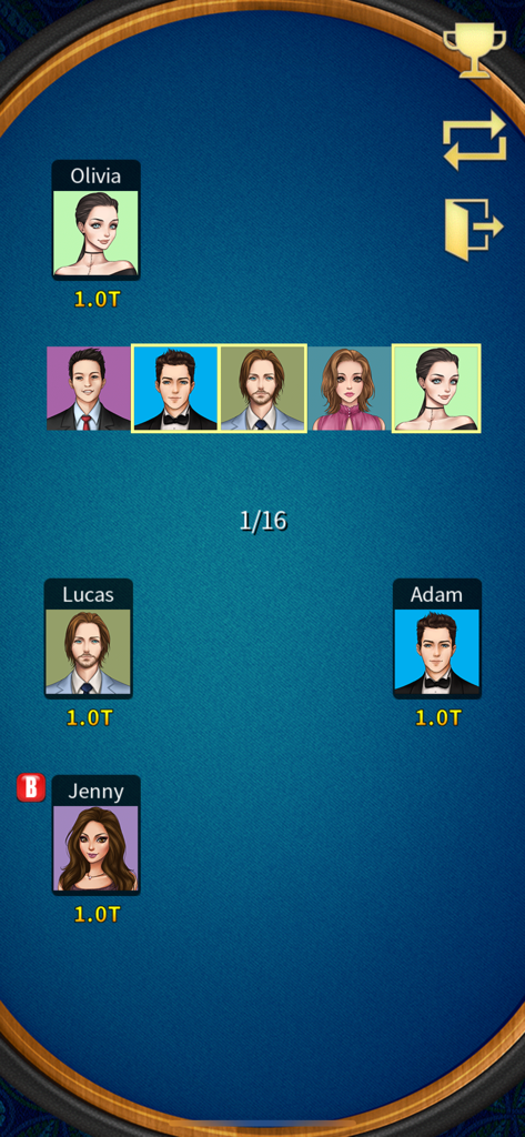 Pai Gow (Deluxe) - Interface du jeu mobile Pai Gow Deluxe montrant une table de casino bleue avec plusieurs avatars de joueurs et des soldes de jetons.