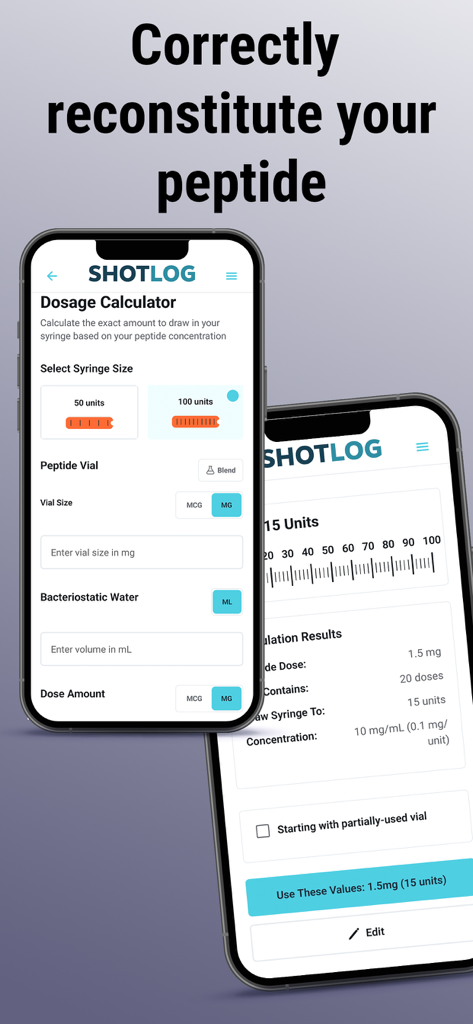 SHOTLOG app dosage calculator interface for reconstituting peptides and calculating syringe units