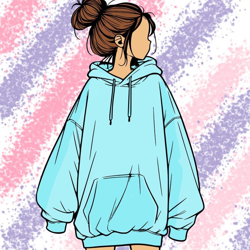 realistic girl with a oversized sweatshirt on and a bun