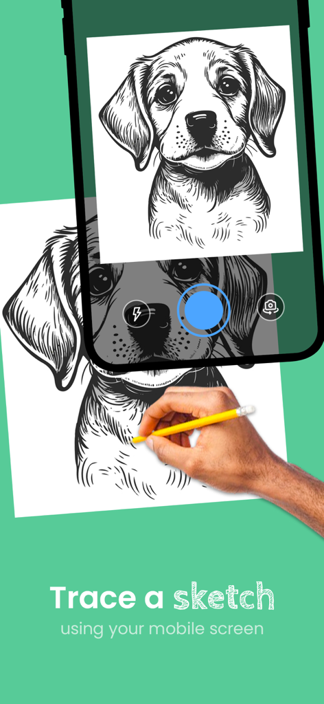 AR Draw - Paint & Sketch - Una persona calca un dibujo de un cachorro en papel usando la aplicación AR Draw en un smartphone
