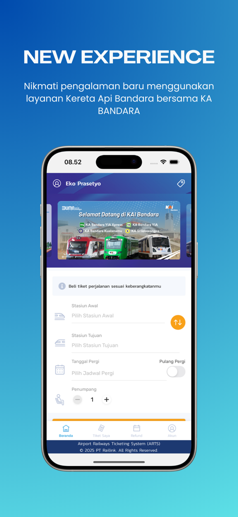 KA Bandara - Página inicial do aplicativo móvel KA Bandara mostrando o formulário de busca de passagens para trens de aeroporto indonésios