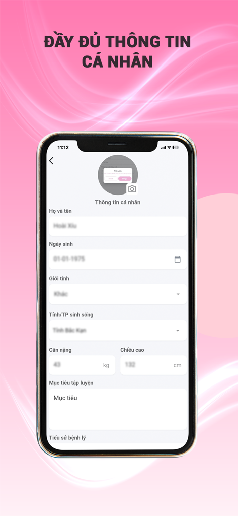 FourT Pilates - Bildschirm zur Einrichtung des FourT Pilates App-Benutzerprofils für persönliche Informationen wie Größe und Gewicht