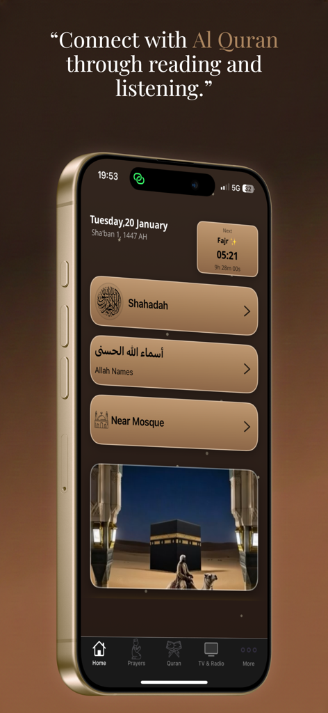 Smartphone screen displaying the Quran Daily app home interface with prayer times and religious features