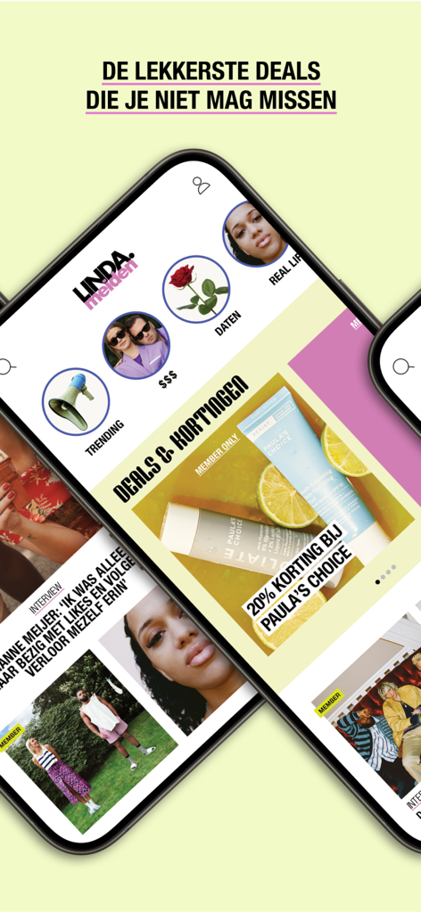 LINDA.meiden - The LINDA.meiden app interface showing lifestyle categories and exclusive member discounts on skincare products.