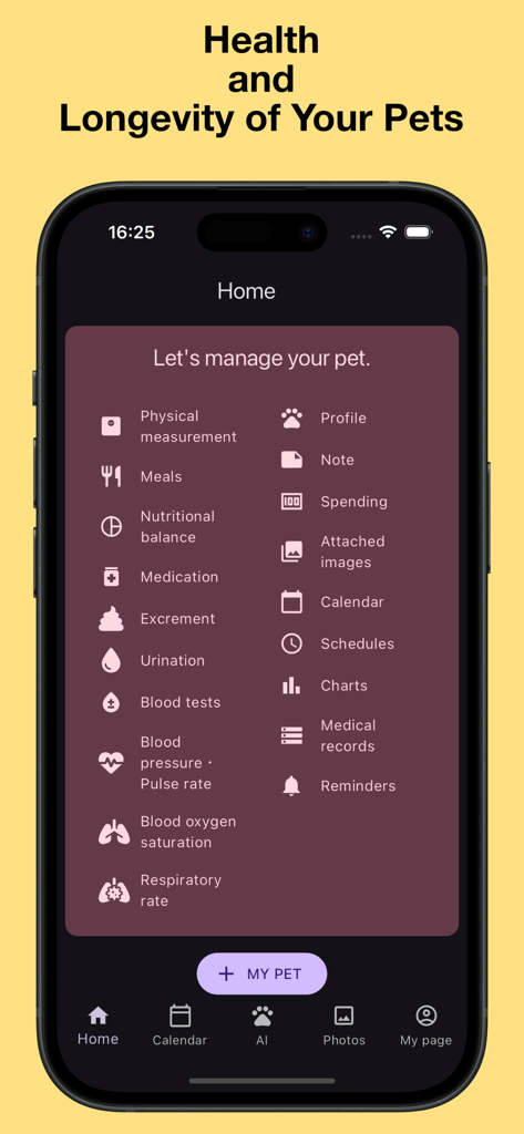 My Pet App for Health Tracking - 신체 측정, 영양, 약, 의료 기록 모니터링 메뉴 옵션을 보여주는 반려동물 건강 추적 앱 대시보드.