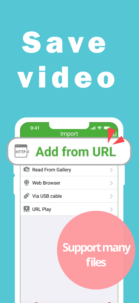 File Manager App - PATOPI - PATOPIアプリのインターフェイスに、動画を保存し、URLからファイルを追加するオプションが表示されている