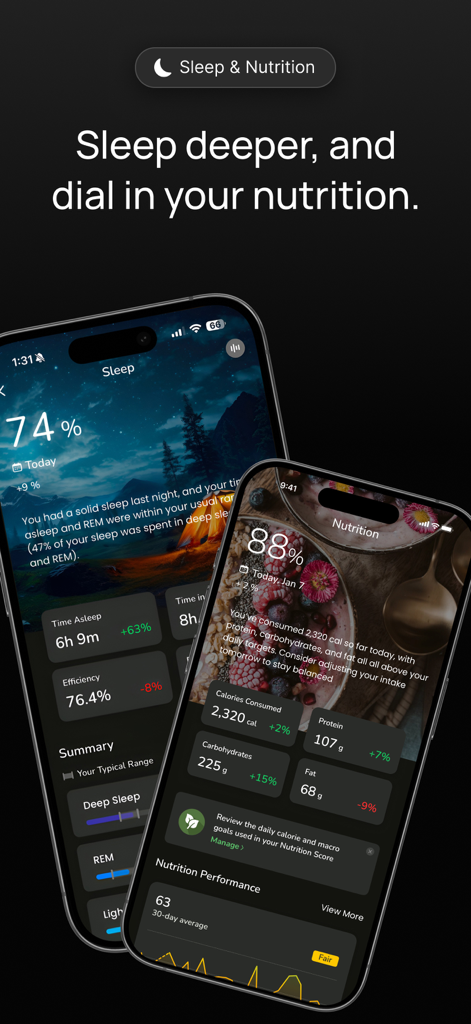Sonar - Health & Performance - Two mobile phone screens from the Sonar app showing detailed sleep analysis and nutrition tracking metrics