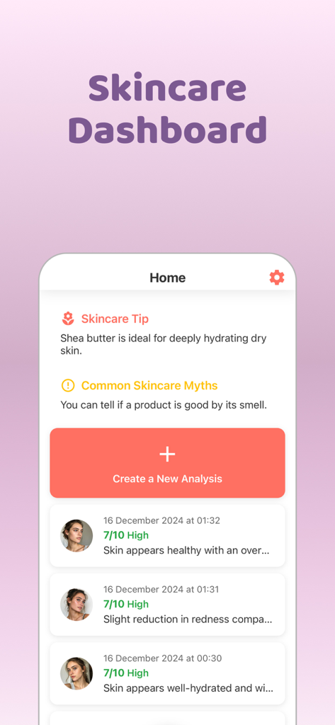 The Glowify app skincare dashboard showing daily tips and recent skin analysis results.