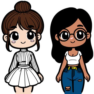 one girl with a bun, turtle neck, and short skirt. and another girl with a tank top, jeans, and glasses