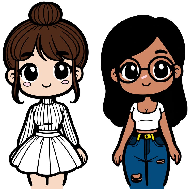 one girl with a bun, turtle neck, and short skirt. and another girl with a tank top, jeans, and glasses