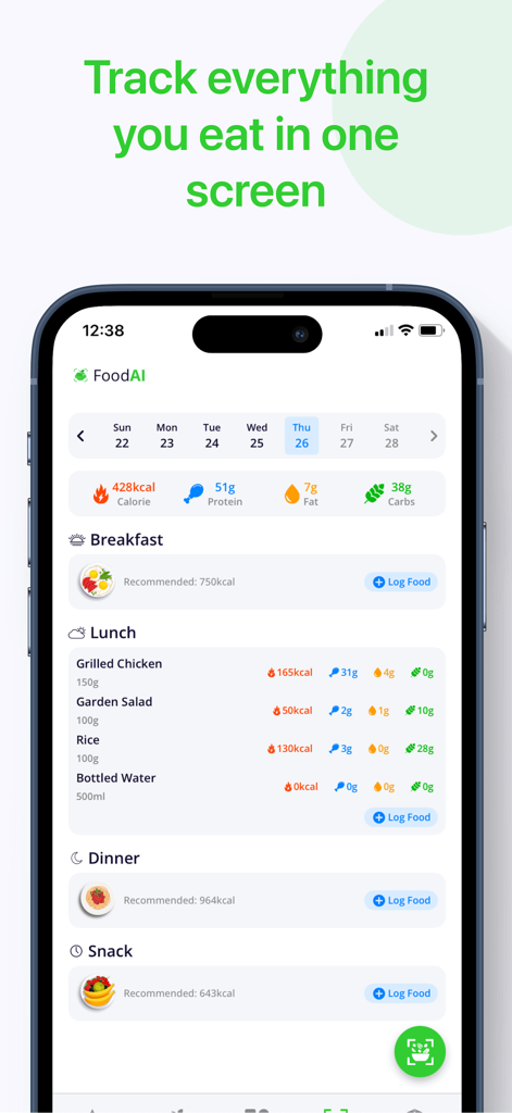 Calorie Tracker・Diet: Food AI - Un smartphone affichant l'interface de l'application FoodAI avec un journal de repas quotidien et un résumé des macronutriments