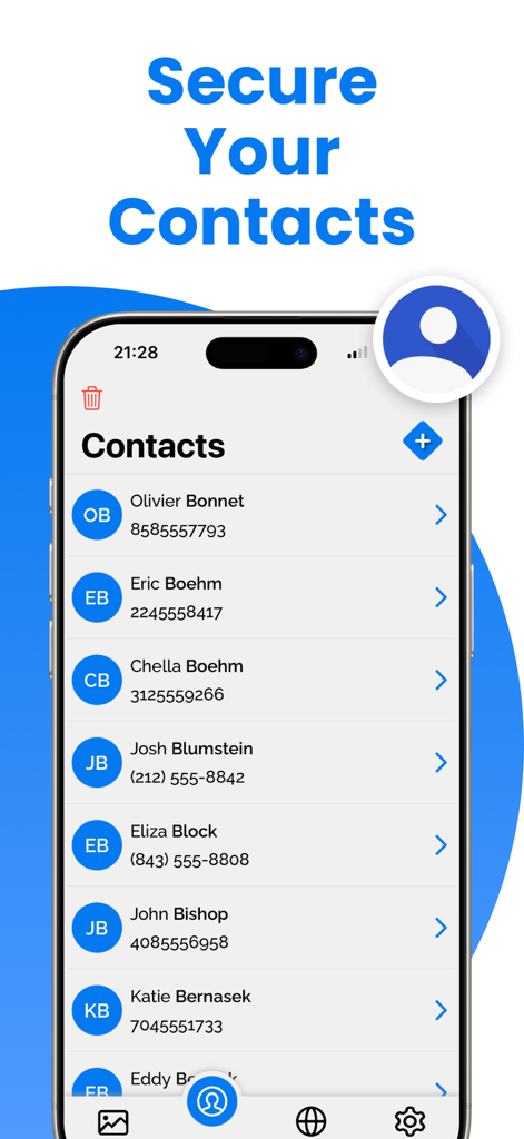 Hidden Folder - KYMS &  KYCALC - Mobile screen showing the secure contacts feature in the Hidden Folder privacy app