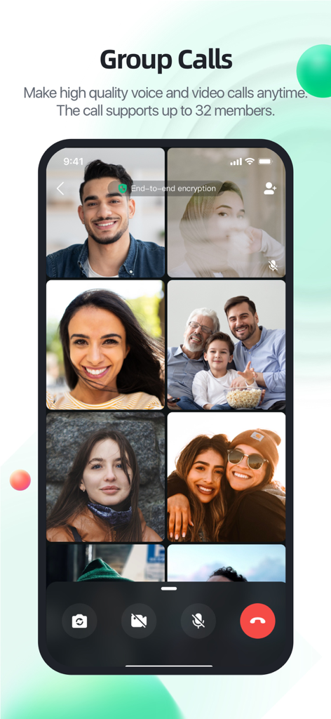 YallaChat - YallaChat app screenshot showing an encrypted group video call with multiple participants