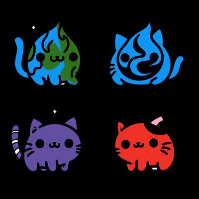 4 cats that represent the different elements, earth, water, air, and fire
