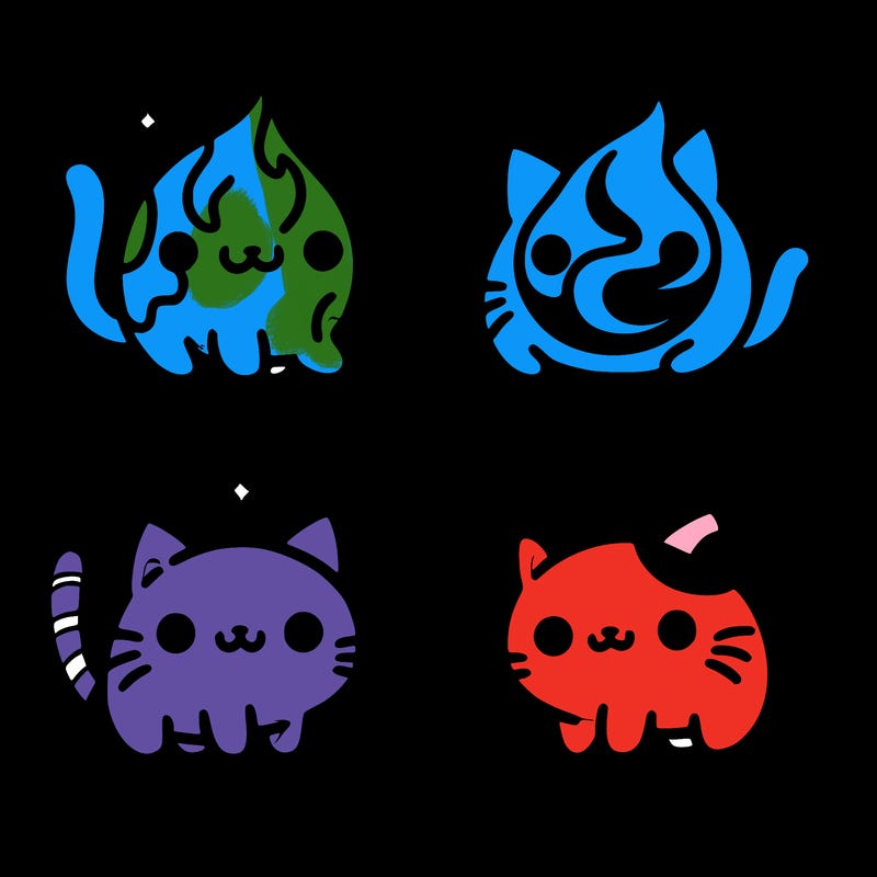 4 cats that represent the different elements, earth, water, air, and fire