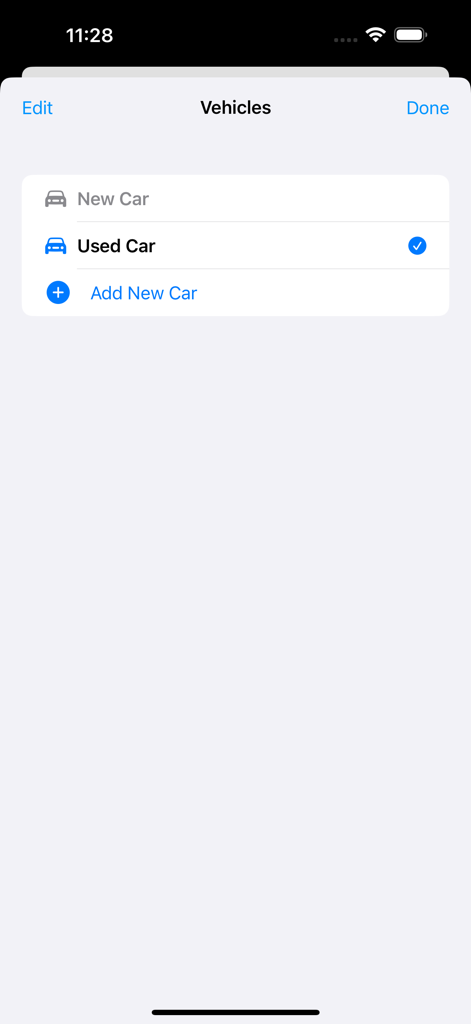 Car Monthly Costs - Vehicle management screen showing a list of cars including new and used options