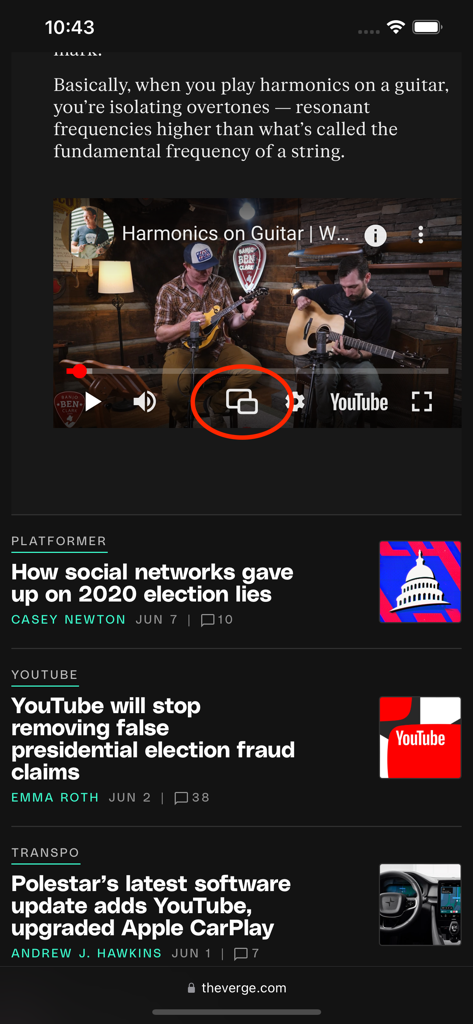 Ein YouTube-Video in Safari, bei dem die OverPicture Bild-im-Bild-Schaltfläche hervorgehoben ist.