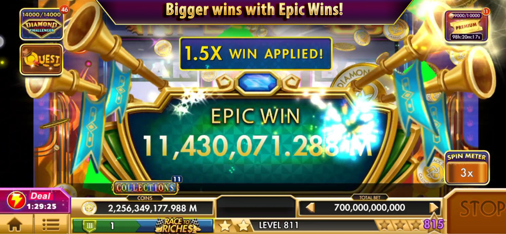Black Diamond Casino Slots - Gameplay screenshot of Black Diamond Casino Slots showing a massive Epic Win with golden trumpets and flashing lights