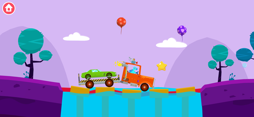 Ein blauer Dinosaurier fährt einen orangefarbenen Abschleppwagen, der ein grünes Auto über eine Brücke über Wasser zieht.