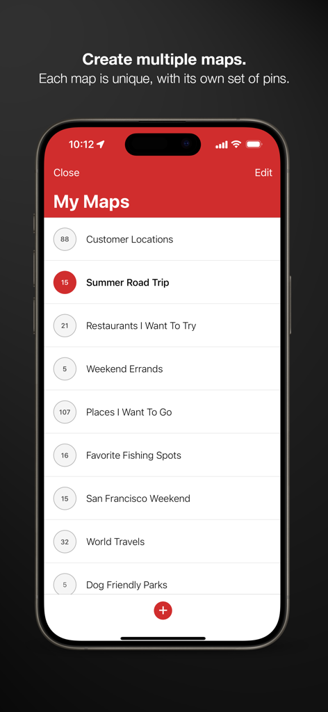 Pinbox - Map Your World - Interface showing a list of categorized custom maps in Pinbox including travel road trips and favorite fishing spots