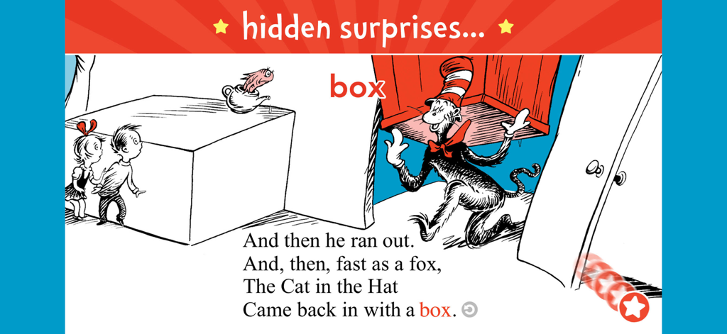 The Cat in the Hat - Escena de lectura interactiva de la aplicación El Gato Ensombrerado con vocabulario resaltado e ilustraciones clásicas del Dr. Seuss