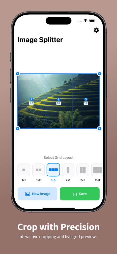 Image Splitter app interface on iPhone showing a landscape photo being cropped into a three part grid layout