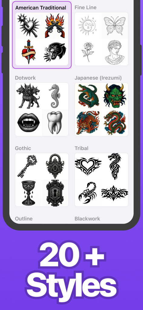 AI Tattoo Generator: Flashes - A screen showing various tattoo styles including American Traditional and Fine Line