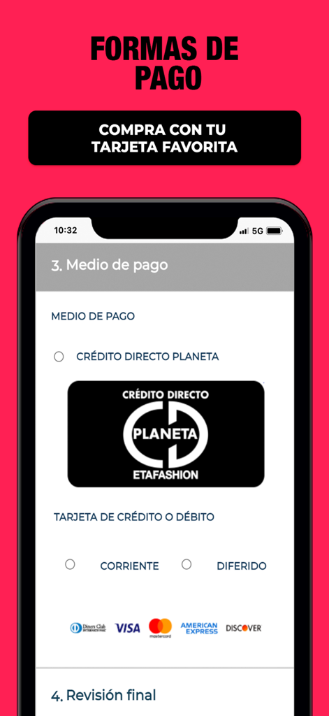 ETAFASHION - Pantalla de métodos de pago de la app ETAFASHION mostrando opciones de crédito de tienda y tarjeta de crédito