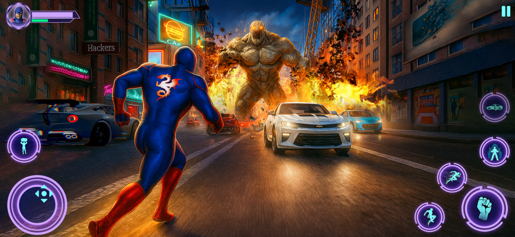 Grand Superhero Justice Sim - Grand Superhero Justice Sim에서 용권 슈퍼히어로가 도시 거리의 거대한 바위 괴물을 향해 달려가는 모습