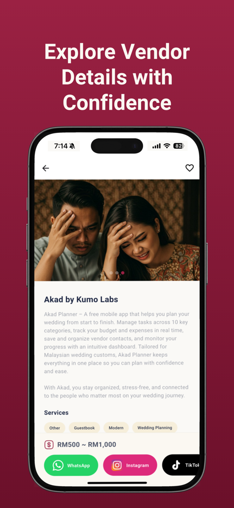 akad Planner - Mobile screen showing the vendor details page in the akad Planner app with service categories and contact buttons.