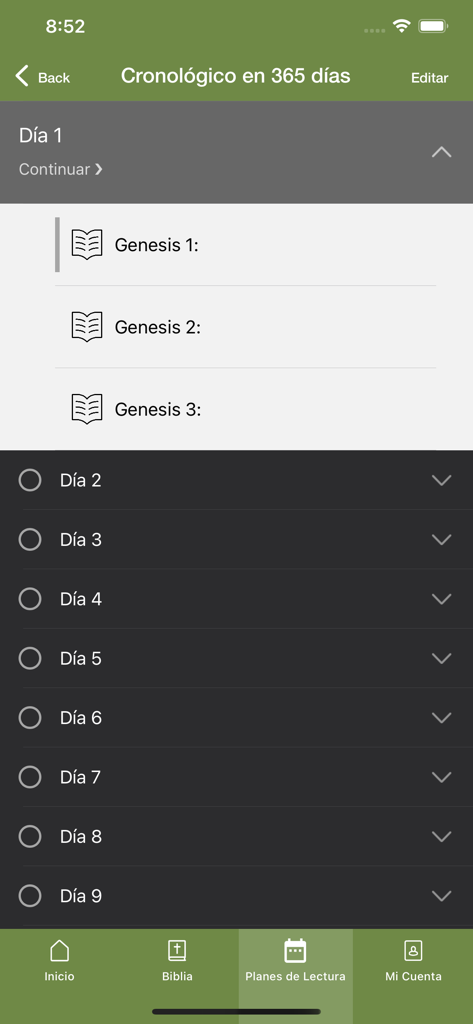 Biblia Católica - Pantalla de la aplicación Biblia Católica que muestra una interfaz de plan de lectura cronológico de 365 días en español.