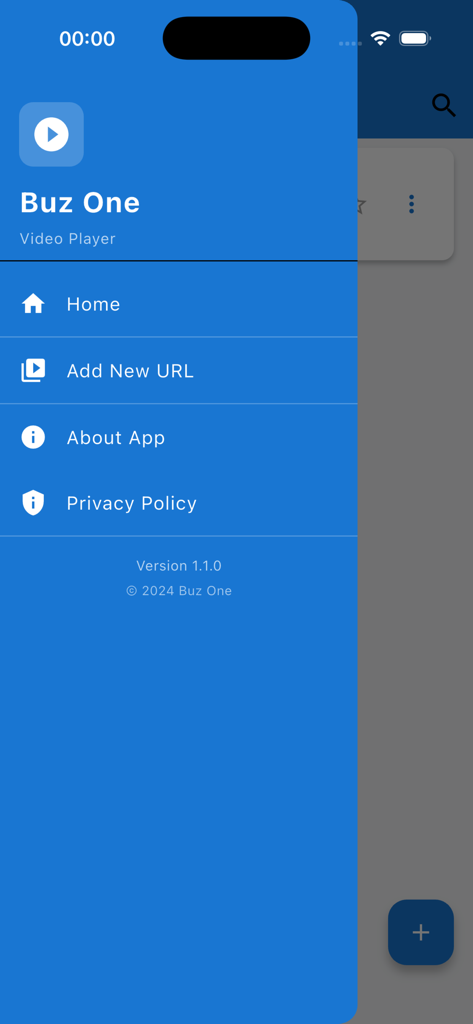 Buz One video player side navigation menu showing home and add new url options