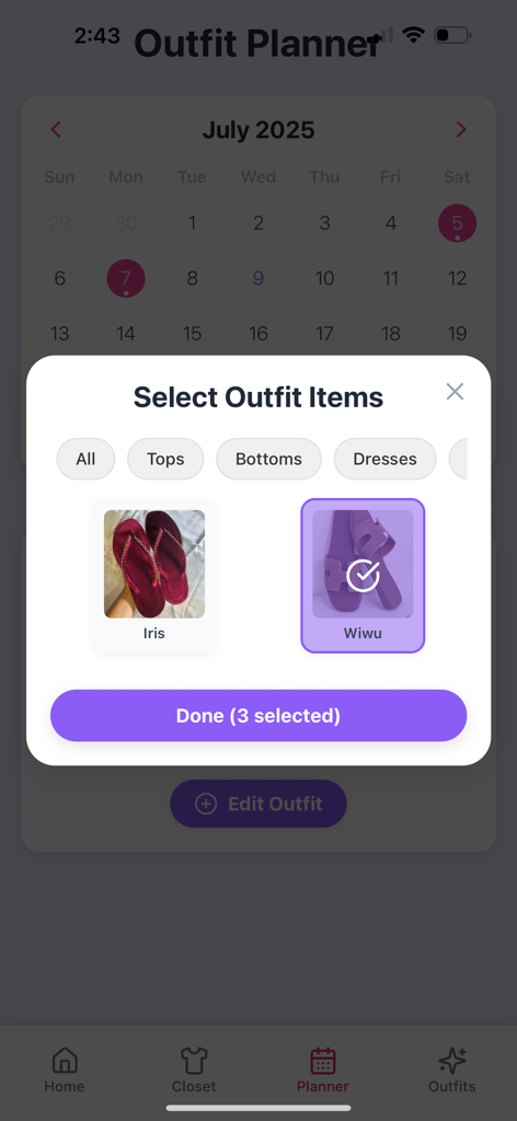GG Glow Up - GG Glow Up outfit planner screen with wardrobe item selection popup over a calendar.